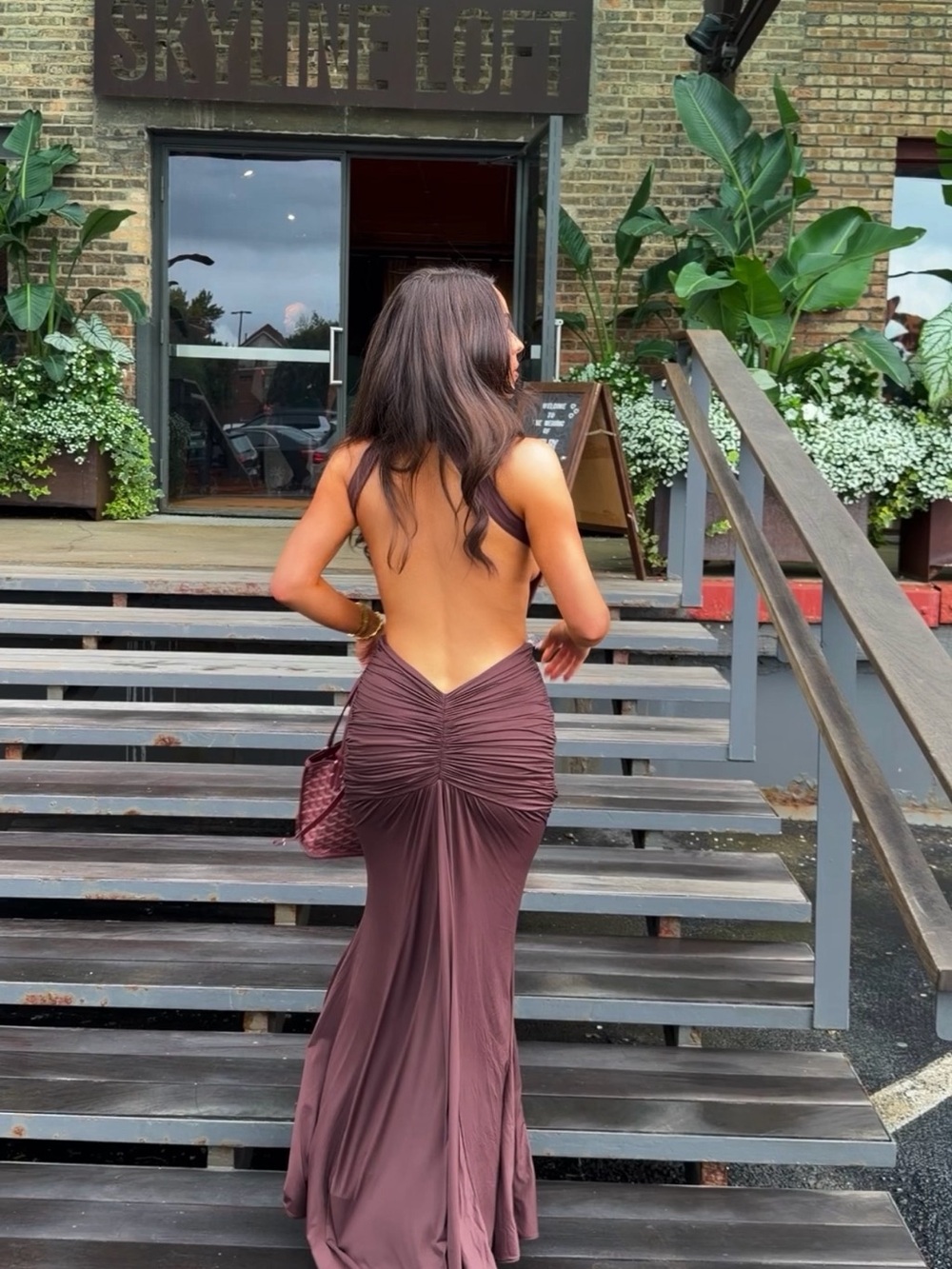 Backless Ruched Evening Gown in plum brown